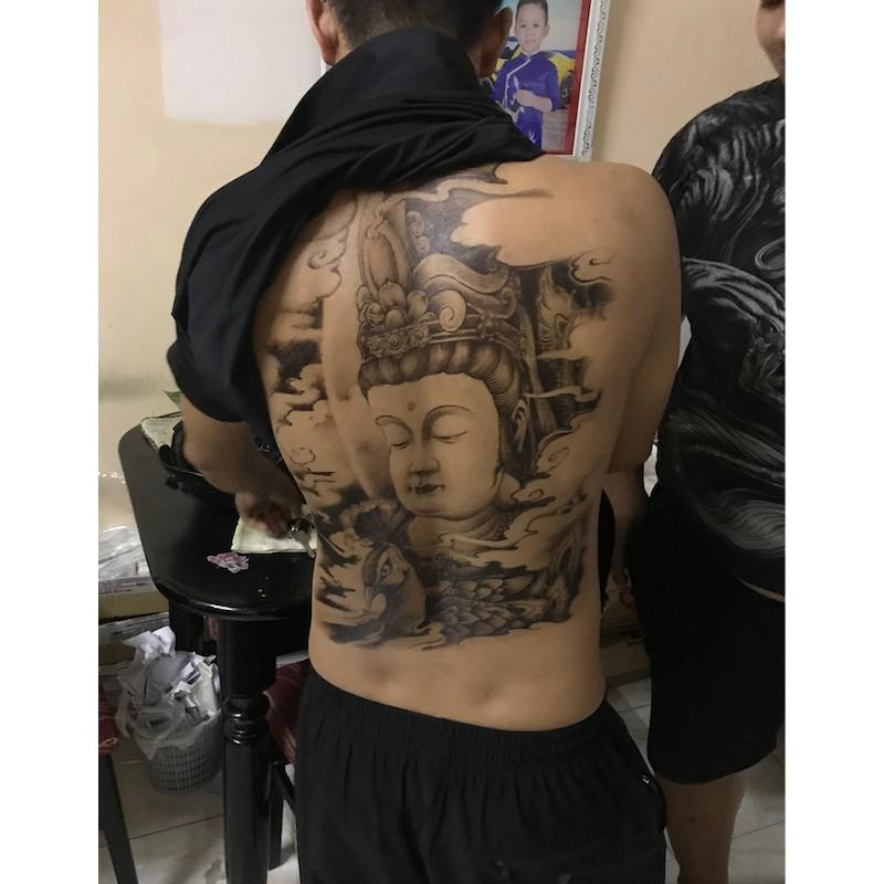 Hình xăm dán kín lưng phật bà trắng đen 34x48cm