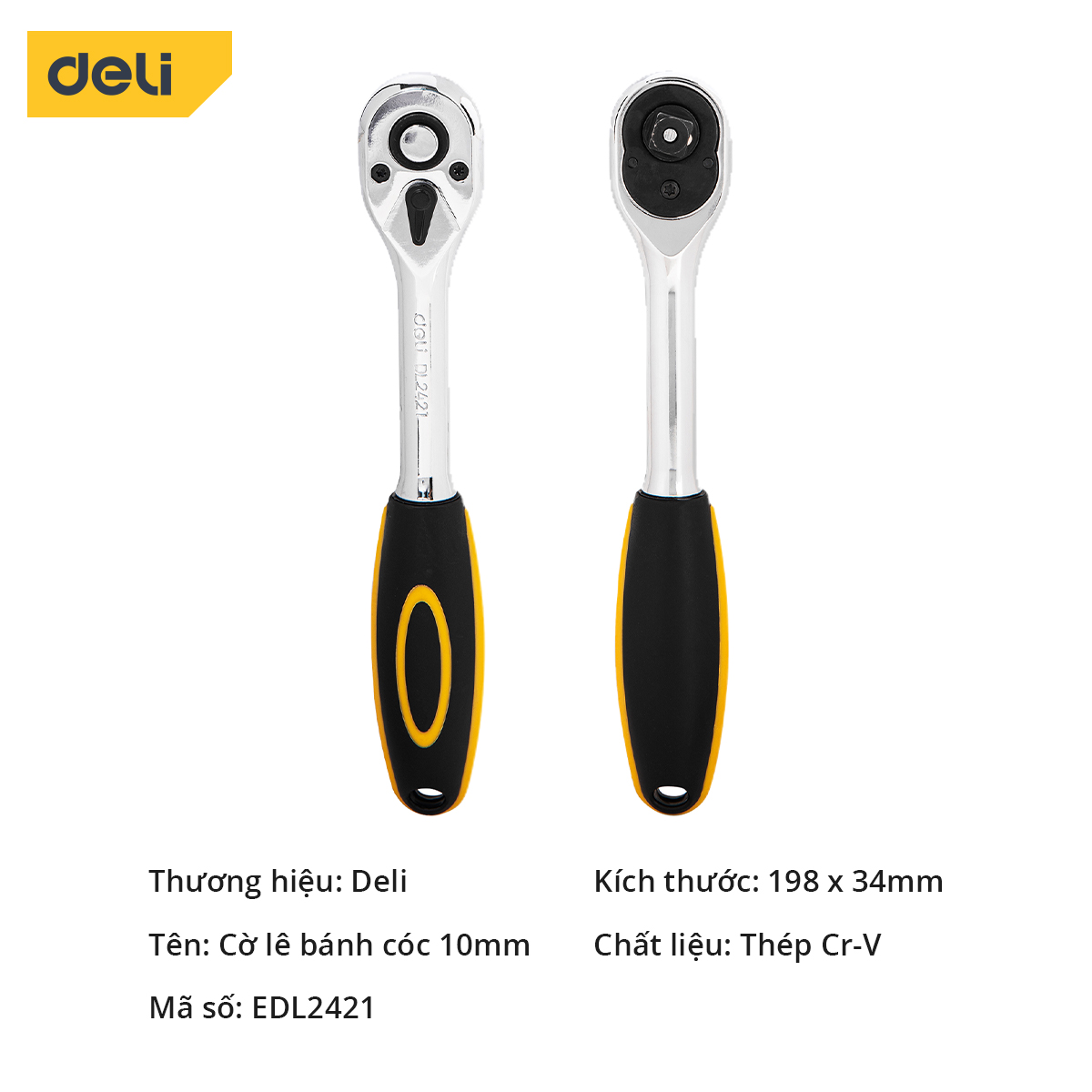 Cờ Lê Siết Lực 2 Chiều Deli - Chất Liệu Thép CR-V Cao Cấp - Kích Thước 6.3mm - 10mm - 45 răng - Vặn Bu Lông, Cân Lực