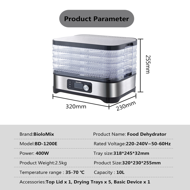 Máy sấy hoa quả, thực phẩm Biolomix BD-1200E có 5 tầng khay không chứa BPA – Công suất: 400W - HÀNG NHẬP KHẨU