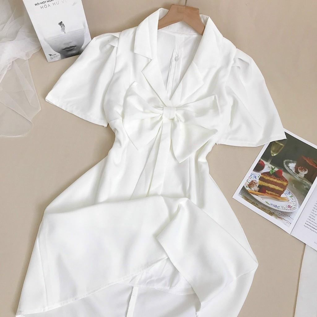 Đầm trắng cổ vest nơ ngực