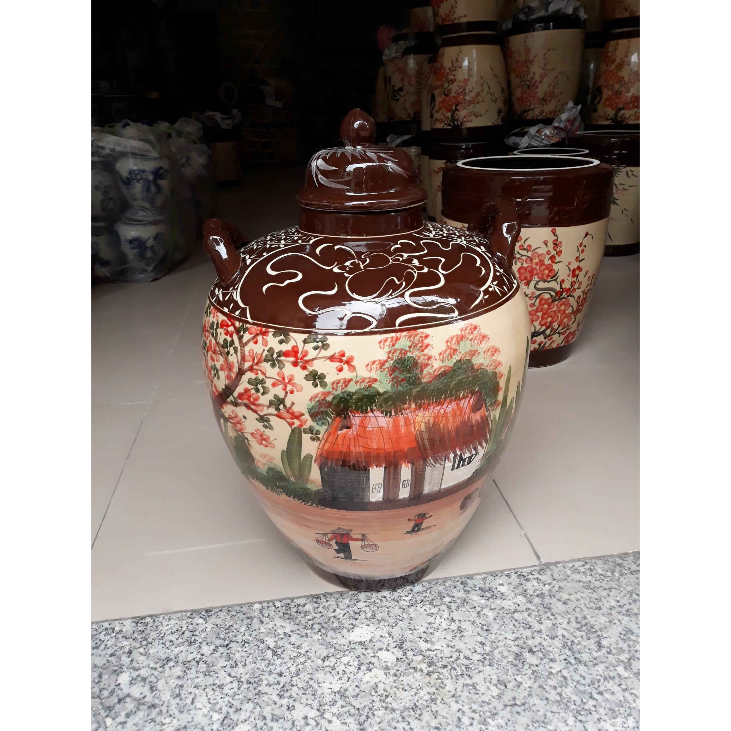 Hũ đựng rượu vẽ phong cảnh Bát Tràng loại 30L