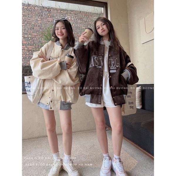 Áo khoác bóng chày bomber kaki nhung gân 2 lớp thêu chữ form rộng unisex ulzzang nam nữ