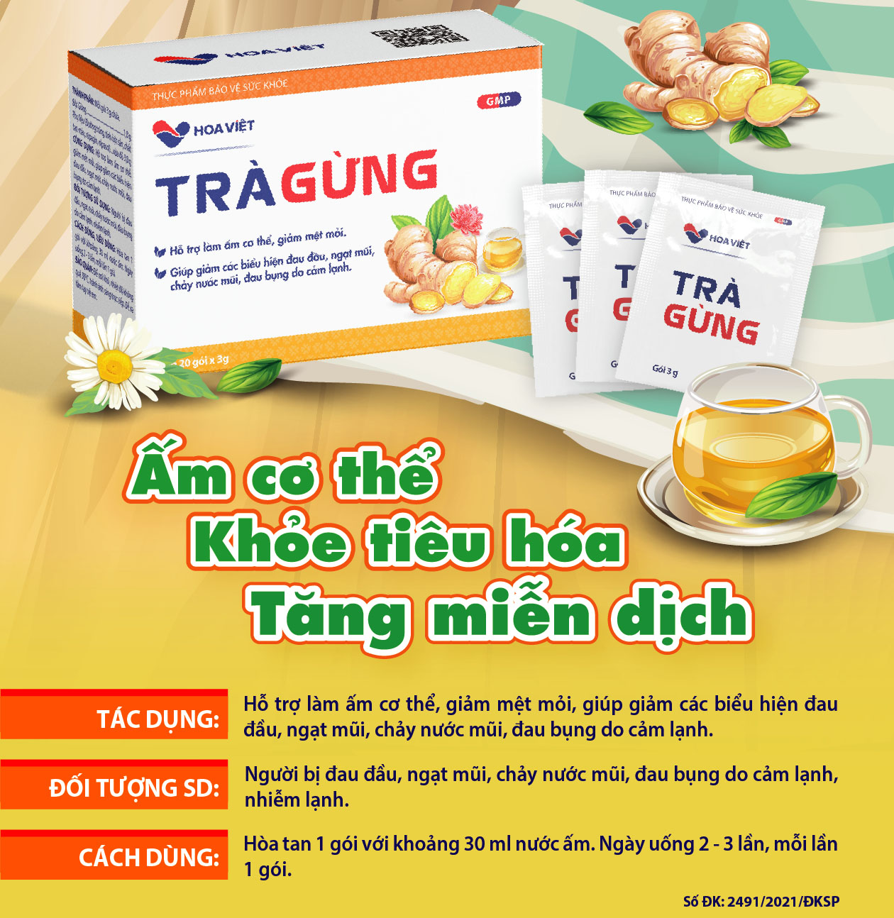 Trà gừng Hoa Việt làm ấm cơ thể giảm chướng bụng khó tiêu đau bụng do lạnh giải cảm hiệu quả