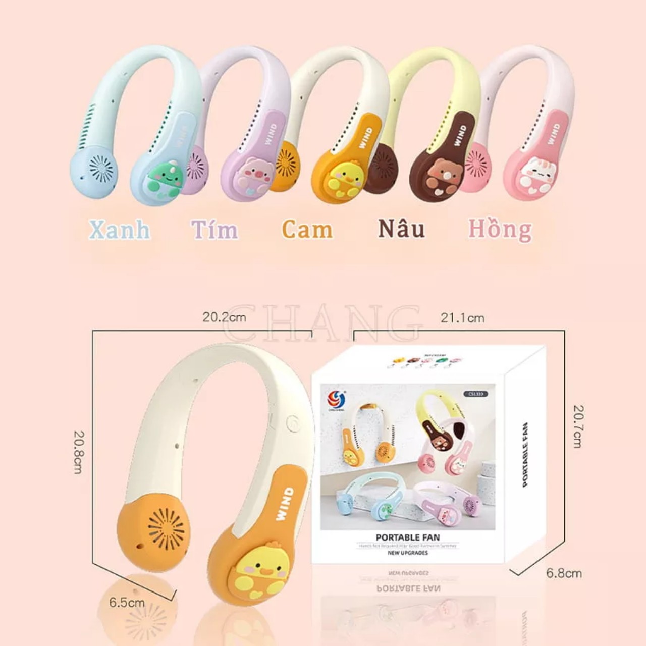 Quạt đeo cổ không cánh hình thú WIND 3D, Quạt mini cute sạc tích điện USB 3 cấp độ gió cao câp siêu êm