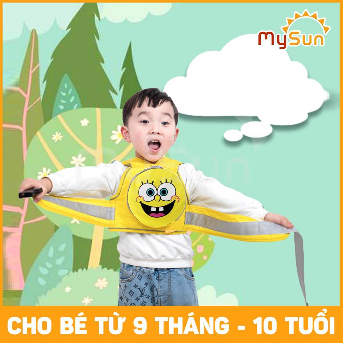 Dây đai yếm đi xe máy an toàn cho em bé từ 1 2 3 4 5 6 7 8 tuổi ngồi trước, sau có túi MySun