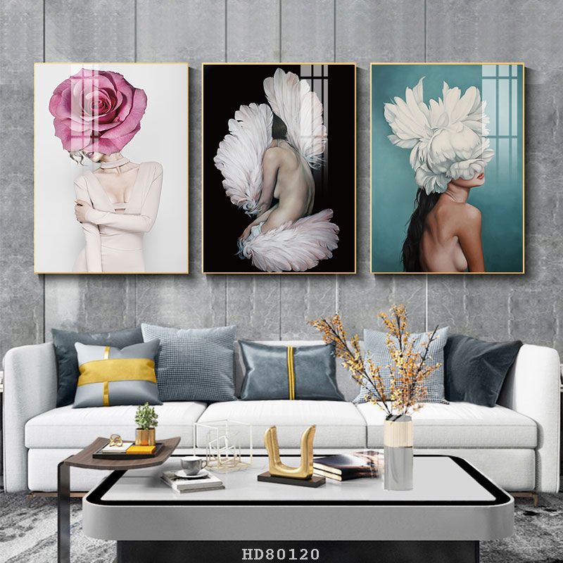 Tranh Canvas Bộ 3 Cô Gái Và Hoa Hiện Đại - Tranh Treo Tường Hoàn Thiện Cả Khung In Vải Giá Rẻ