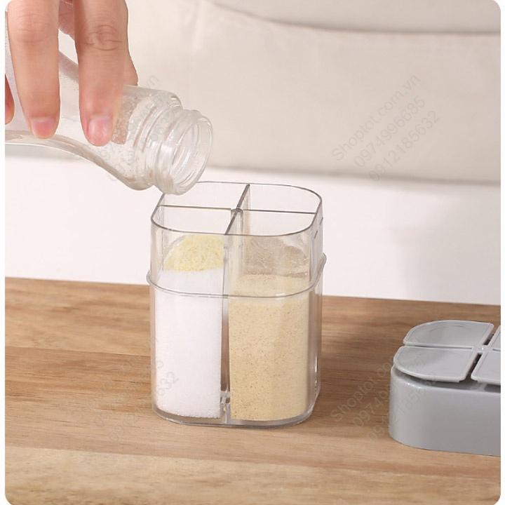 Hộp để gia vị 4 ngăn đa năng, các ngăn độc lập, có thể để 4 loại gia vị, làm bằng nhựa PP và PS