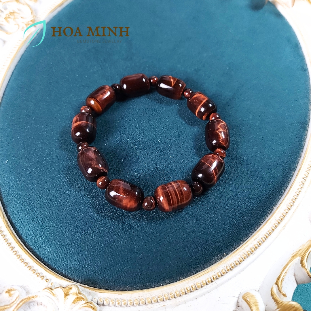 Vòng tay đá Mắt Hổ tự nhiên đỏ nâu kiểu lu thống size 12x16mm phối xen kẽ viên tròn hợp mệnh Hỏa Thổ