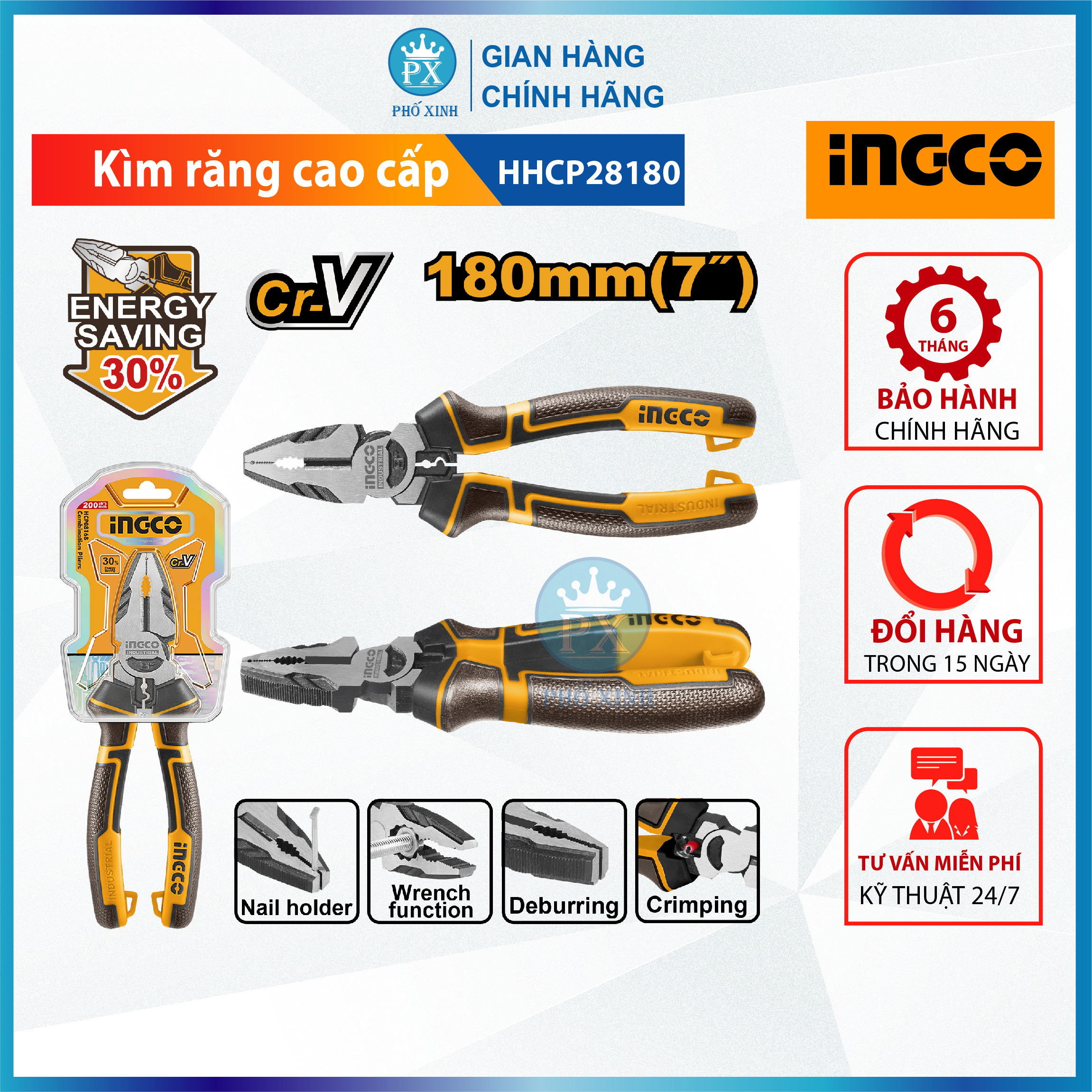 Kìm răng điện đa năng cao cấp INGCO HHCP28  7&quot; 8&quot; 9.5&quot; kềm thép Cr-V chống rỉ siêu cứng tay cầm cách điện tiết kiệm 30% sức mạnh
