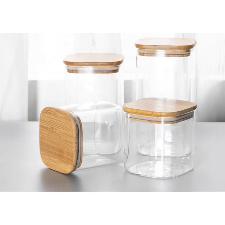 Lọ hũ đựng chè,các loại hạt hình vuông nắp gỗ có doăng kín 4 cỡ