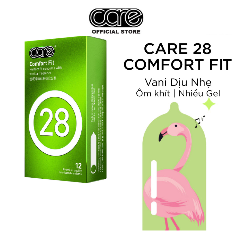 Bao cao su mỏng trơn truyền thống CARE 28, nhiều gel bôi trơn, kéo dài thời gian, hương vani, hộp 3, 12 chiếc