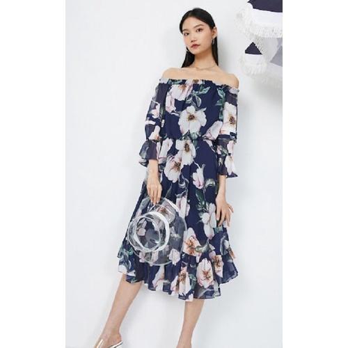 Đầm Nữ Trễ Vai Xếp Li In Hình Cổ Điển Siêu xinh