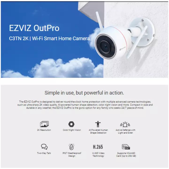 Camera IP WiFi 3.0MP FULL HD EZVIZ C3TN, Thân cố định ngoài trời, Có màu ban đêm, Đàm thoại 2 chiều - Hàng Chính hãng