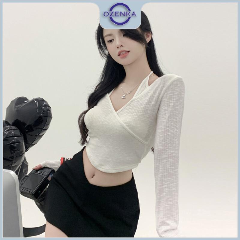 Áo croptop ôm tay dài kiểu gợi cảm nữ OZENKA, áo crt mặc thu đông đẹp vải cotton đen trắng size dưới 55 kg