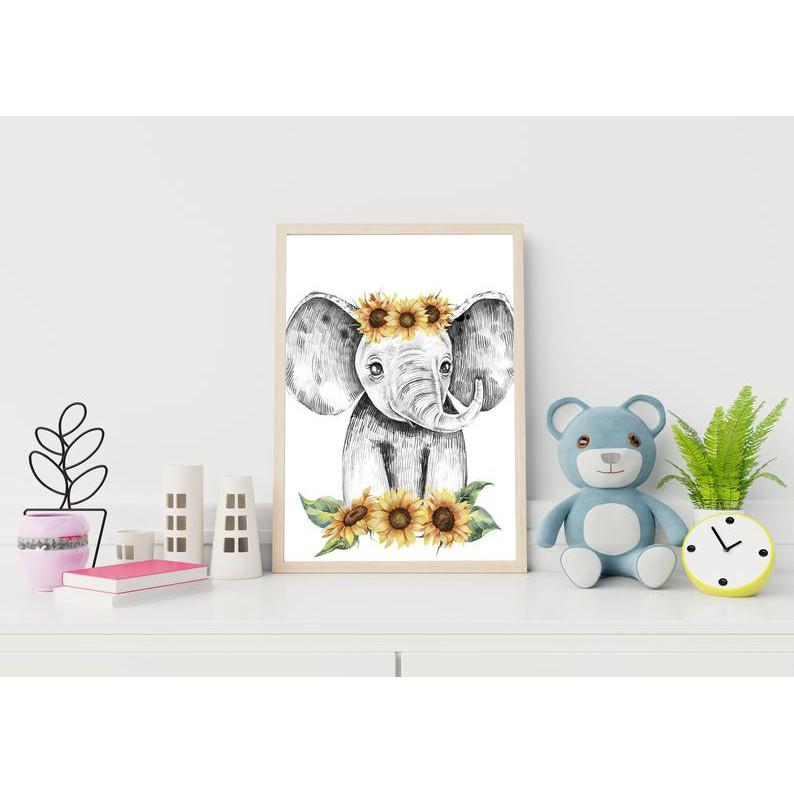 Tranh treo tường | Tranh cho bé-Elephant with Sunflowers Print for Nursery Decor 75 , tranh canvas giá rẻ