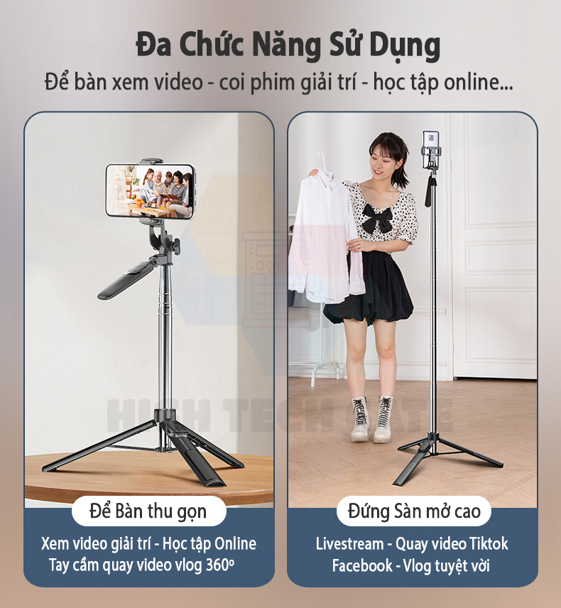 Gậy Chụp Hình Tay Cầm Chống Rung HighTechGate A36 Xoay 360º Chụp Toàn Cảnh, Điều Khiển Bluetooth Sử Dụng Được APP Tiện Lợi, Mở Rộng 160cm, Thu Gọn Cầm Tay Du Lịch 30cm, Hàng Chính Hãng