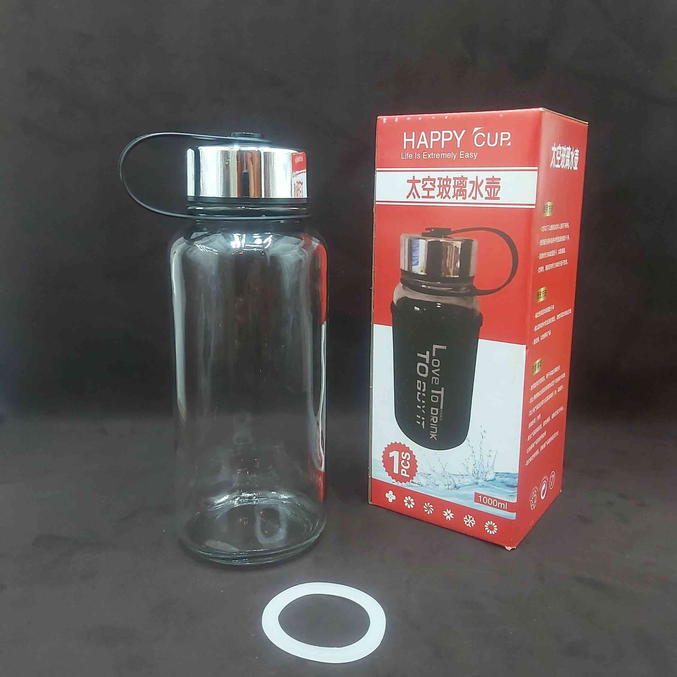 Chai Thủy Tinh đựng nước 1000ml cao cấp - Nắp nhựa mạ Inox, gioăng cao su – tặng kèm túi vải Spandex