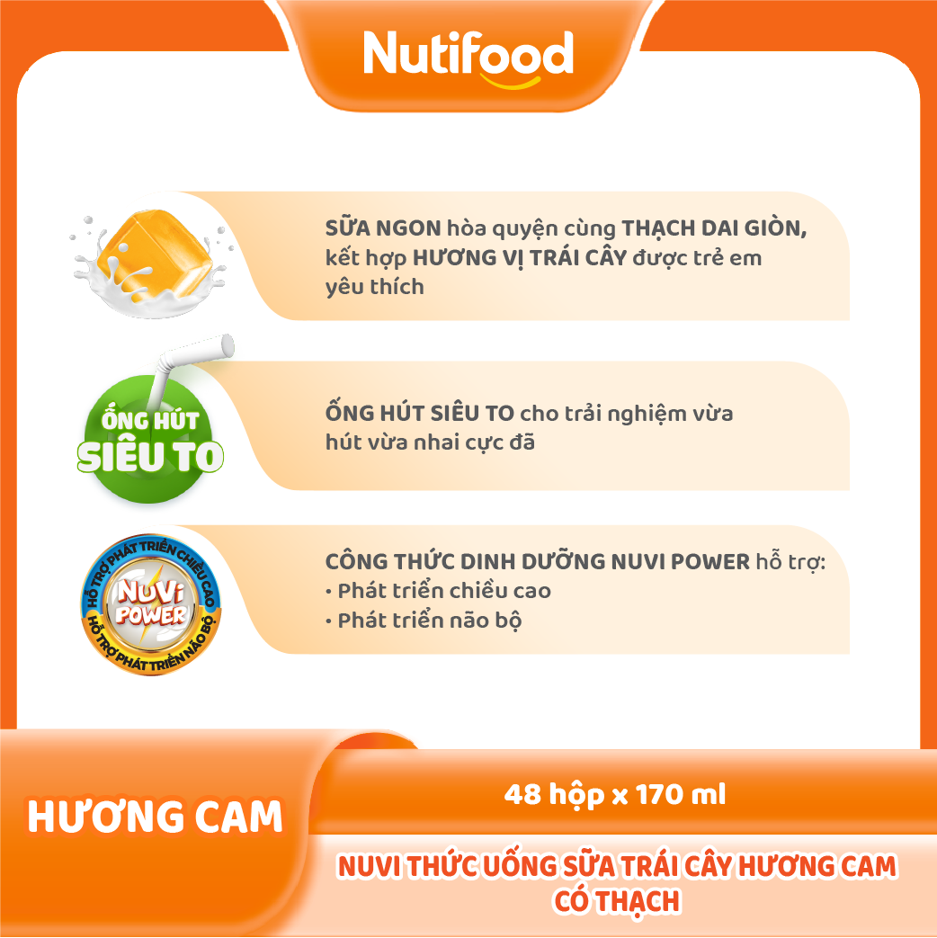Thùng 48 hộp Sữa Chua Uống Có Thạch Nuvi Vị Cam 170ml - Tăng Chiều Cao, Mắt Sáng
