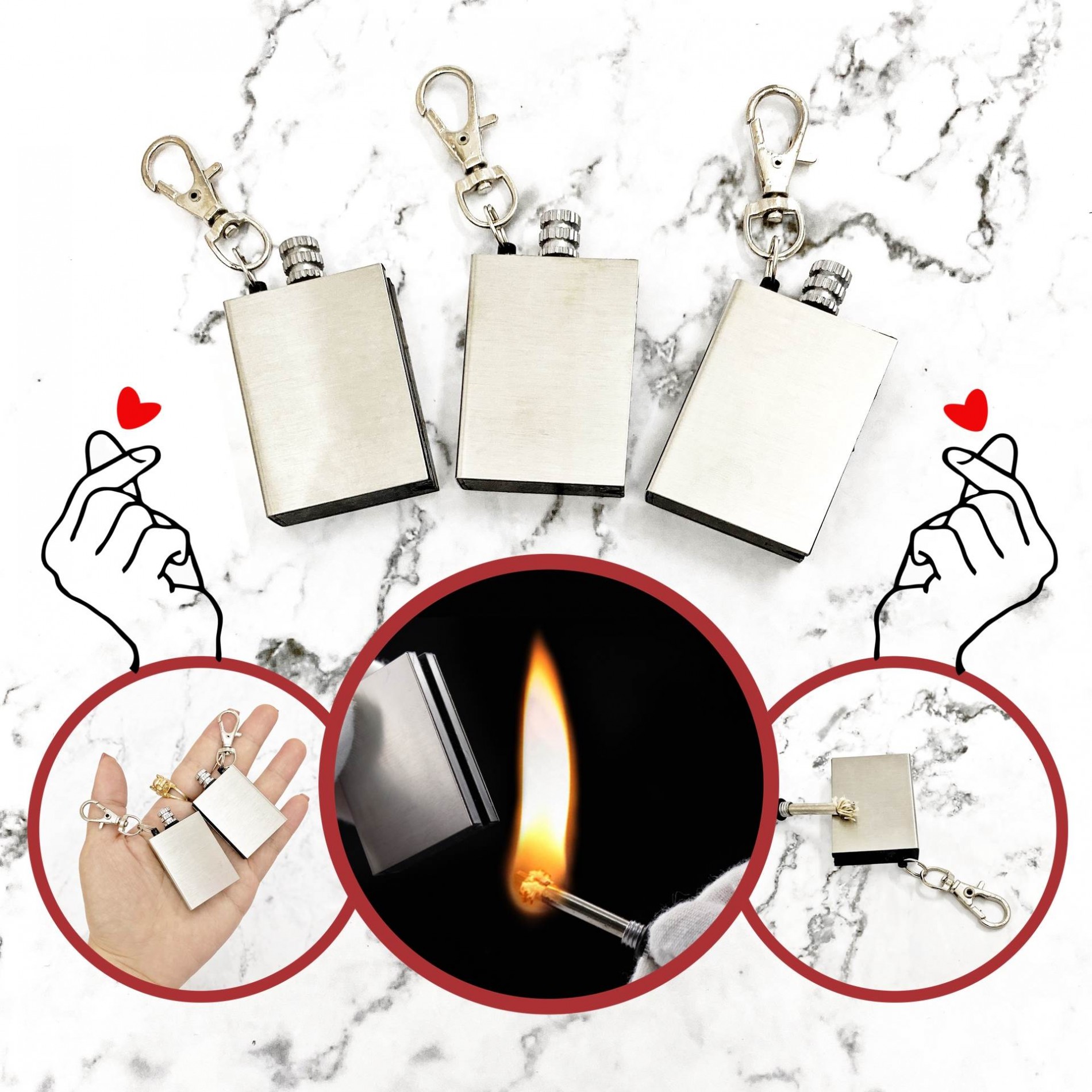 Hột quẹt bật lửa móc khóa diêm xăng sinh tồn hình Vuông - xài xăng