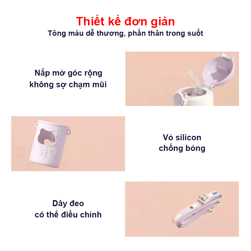 Bình nước cho bé đi học 620ml bằng nhựa PC chịu nhiệt tốt Baby-S, Bình uống nước cho bé có ống hút tặng kèm túi silicon và dây đeo tiện lợi – SBN013