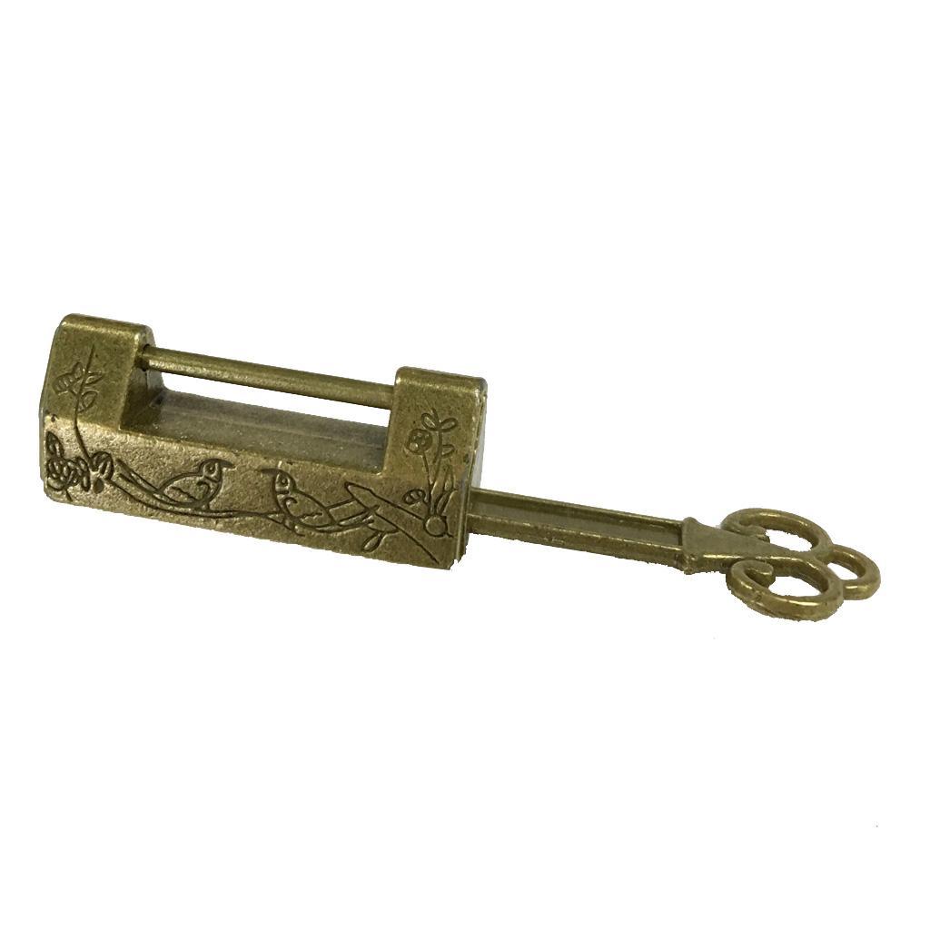 Retro Chinese Antique Style Brass Carved Bird Pattern Padlock Lock with Key