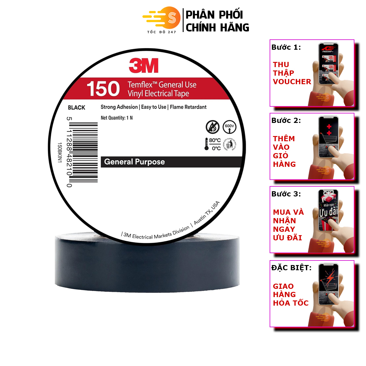 Băng keo điện PVC 3M Temflex 150 18mm x 20m 3M-BK150 - Chống cháy, cách điện tốt, chịu nhiệt cao, sử dụng linh hoạt