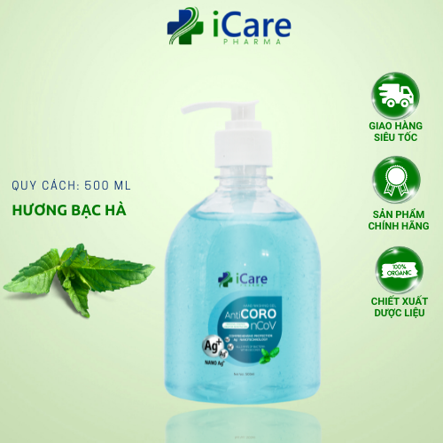 Gel rửa tay dược liệu AntiCoro - Thương hiệu iCare Pharma - Bạc Hà - Chai 500ml