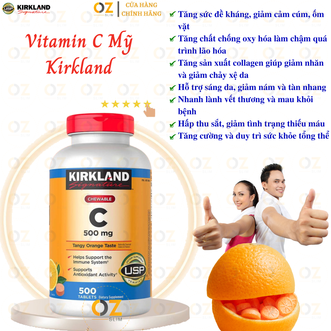 Vitamin C Kirkland Signature Mỹ Tăng cường sức đề kháng, Sáng da, làm chậm quá trình lão hóa, nhanh lành vết thương - OZ Slim Store