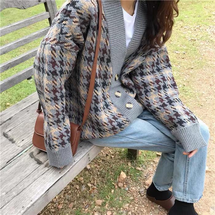 MS783 Áo khoác cardigan len hoạ tiết viền màu cổ tim