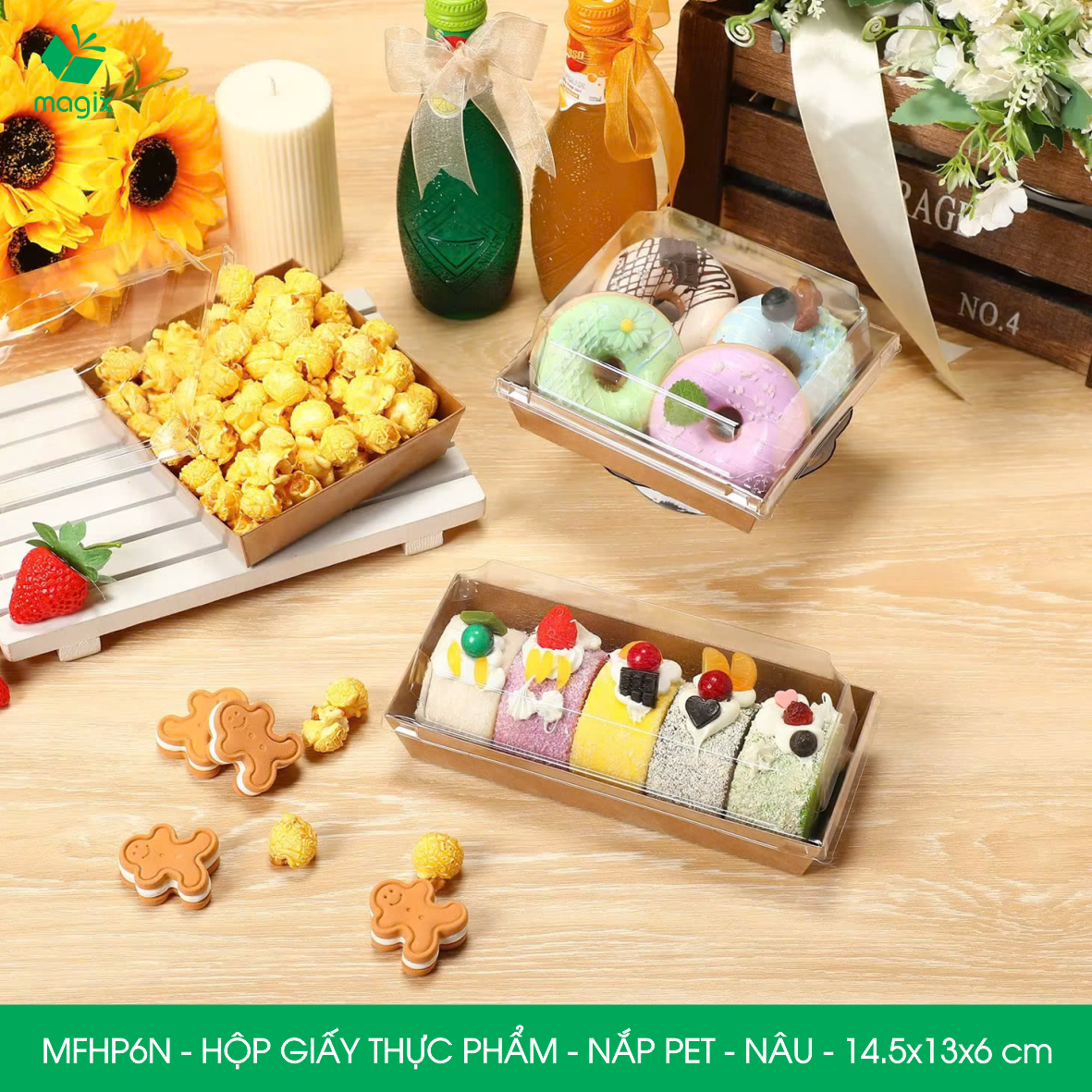 MFHP6N - 14.5x13x6 cm - 50 hộp giấy nắp PET kraft nâu đựng thực phẩm, thức ăn mang đi