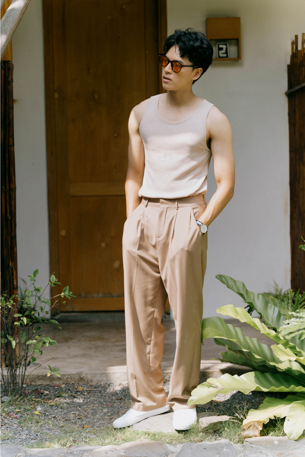 Áo Thun ba lỗ ROUTINE Tanktop Nam Sát Nách Kẻ Sọc Gân Trơn Form Slim màu Be - 10S23TTO001 | LASTORE MENSWEAR
