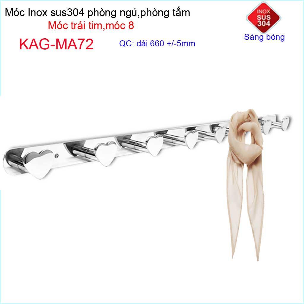 Móc treo quần áo inox 304 cao cấp dày, móc tim Kace 8 móc treo đồ nhà tắm KAG-MA72