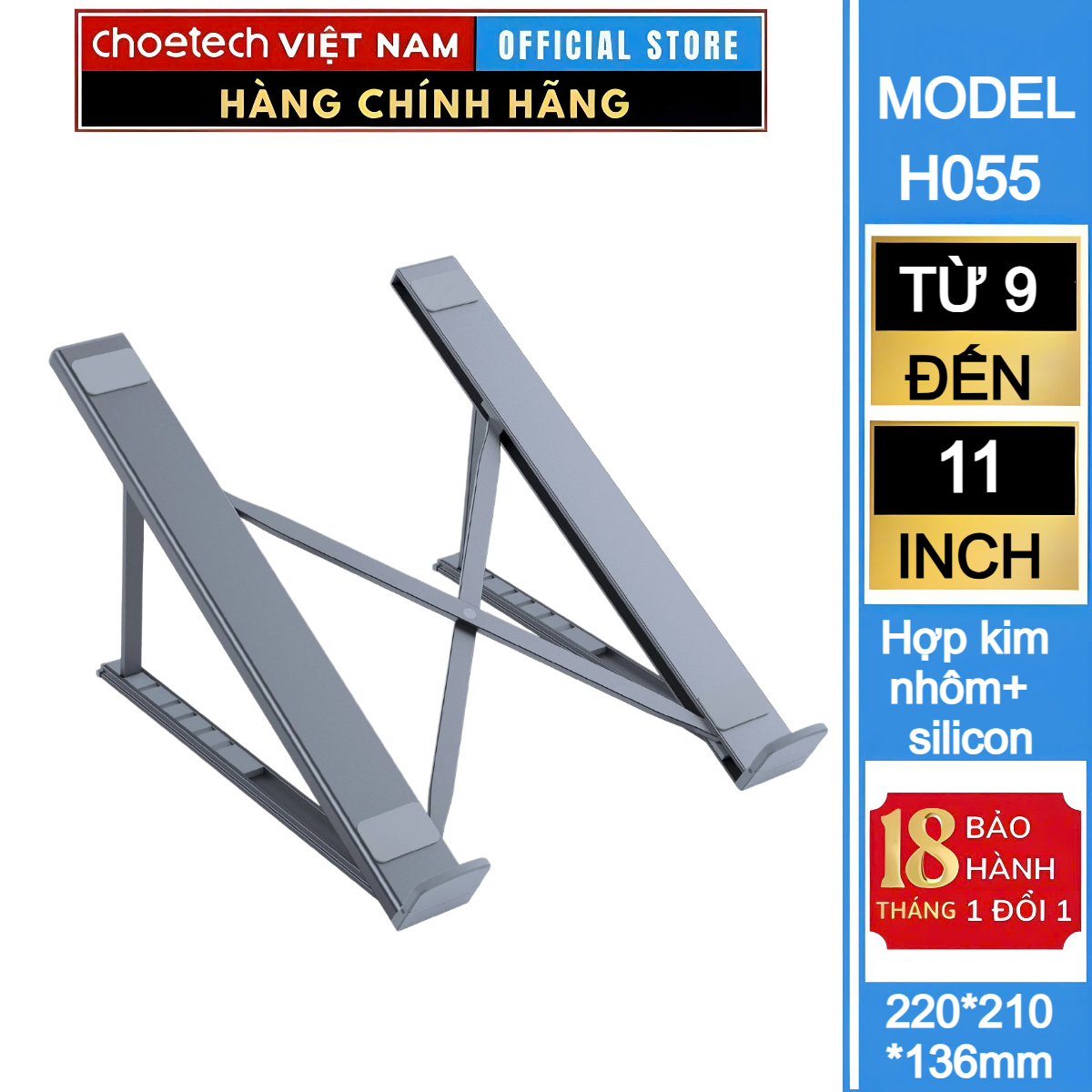 Giá đỡ laptop tản nhiệt gấp gọn Choetech H055 cho máy từ 9' đến 17' inch - Hàng chính hãng