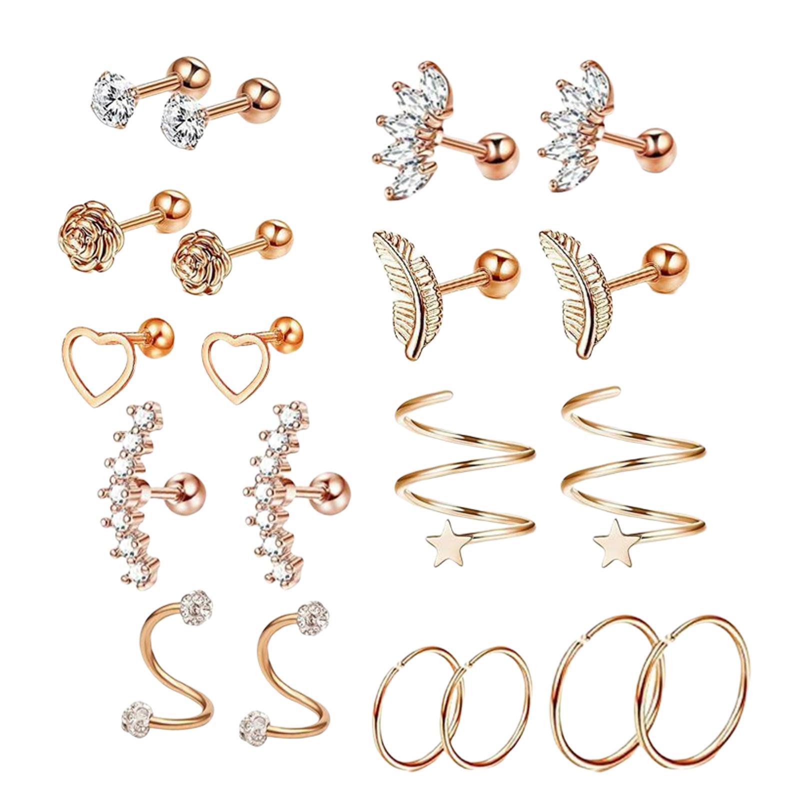 10 Pairs Tiny Stud Earrings Set Crown Moon Heart Disc Ball Small Flat Back Earrings Stainless Steel Barbell Earrings Piercing Set