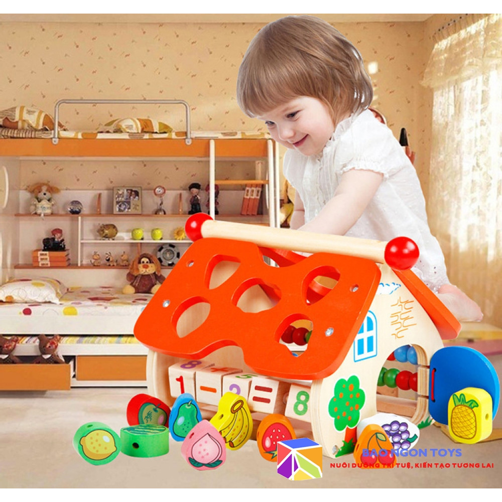 ĐỒ CHƠI NGÔI NHÀ GỖ MONTESSORI THẢ HÌNH TRÁI CÂY GIÚP BÉ HỌC LUỒN HẠT, CON SỐ, PHÉP TÍNH, TÊN CÁC LOẠI TRÁI CÂY VÀ MÀU SẮC