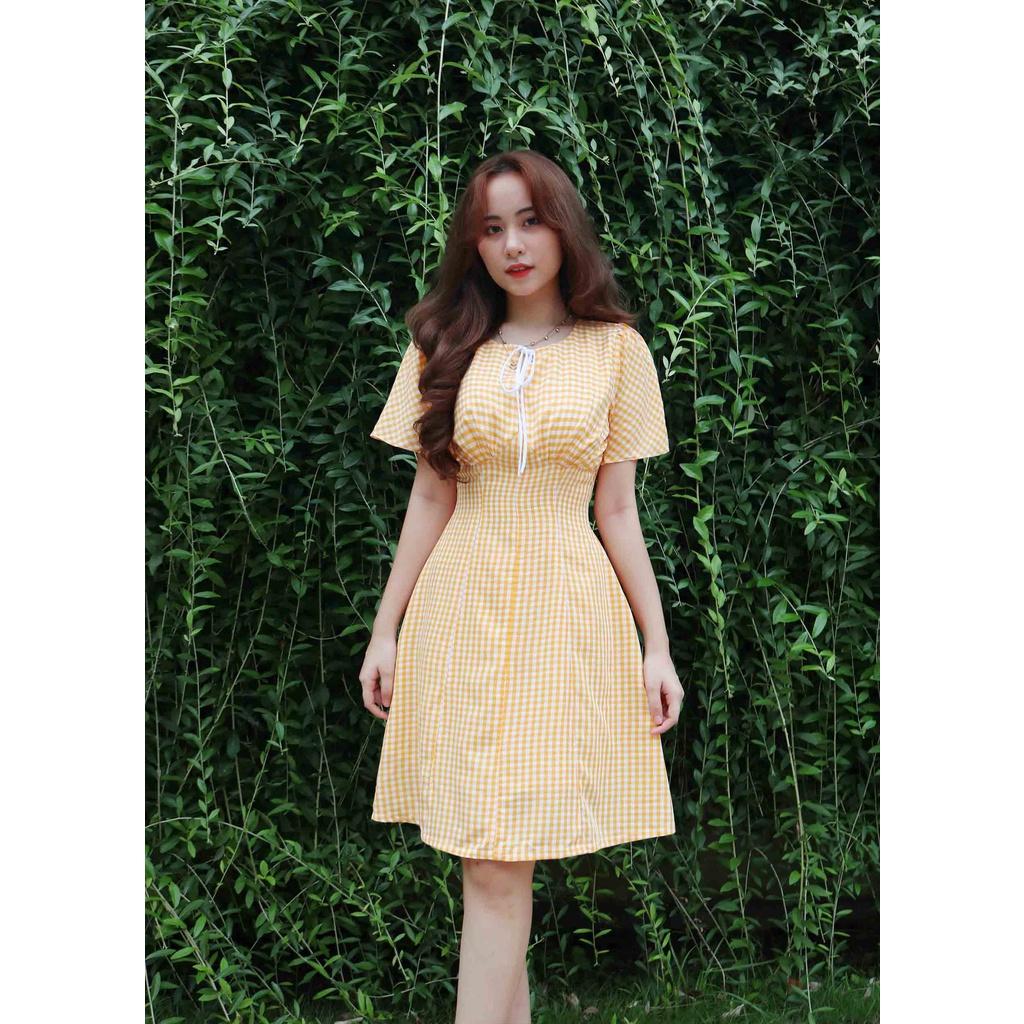 Đầm caro vàng công sở thiết kế đẹp dáng chữ a tay ngắn thời trang eo tôn dáng che bụng hợp đi làm đi chơi