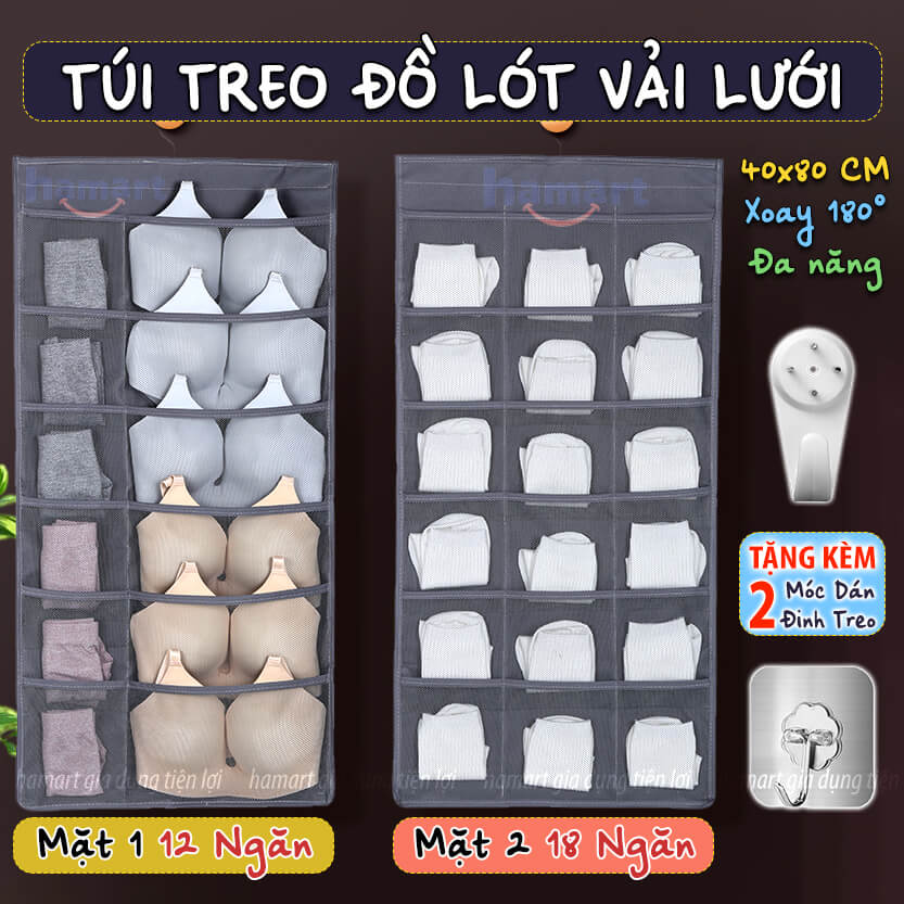 Túi Treo Quần Áo Lót Vải Lưới Nhiều Ngăn Để Đồ Tất Vớ Thoáng Khí Đa Năng Đinh Móc Dán Tường Hamart