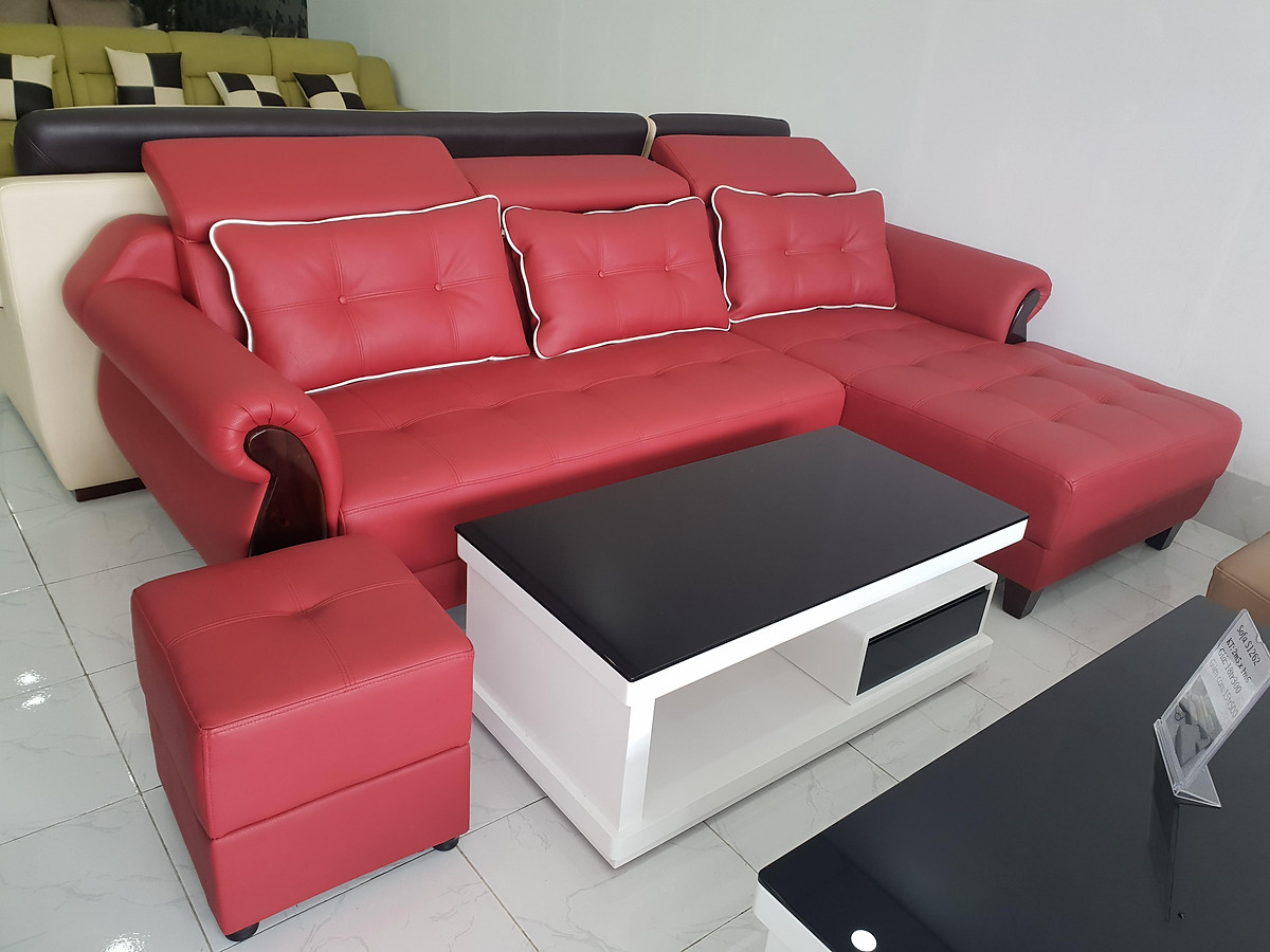 Sofa da góc L Tundo 2m7 x 1m7 màu đỏ đầu bật