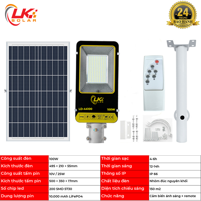 Đèn Đường Led Năng Lượng Mặt Trời Siêu Sáng 100W CHÍNH HÃNG- LK SOLAR LD-44100, Sử dụng 100% năng lượng mặt trời, lắp đặt ngoài sân, đường phố, trang trại, cảm biến ánh sáng, có remote điều khiển