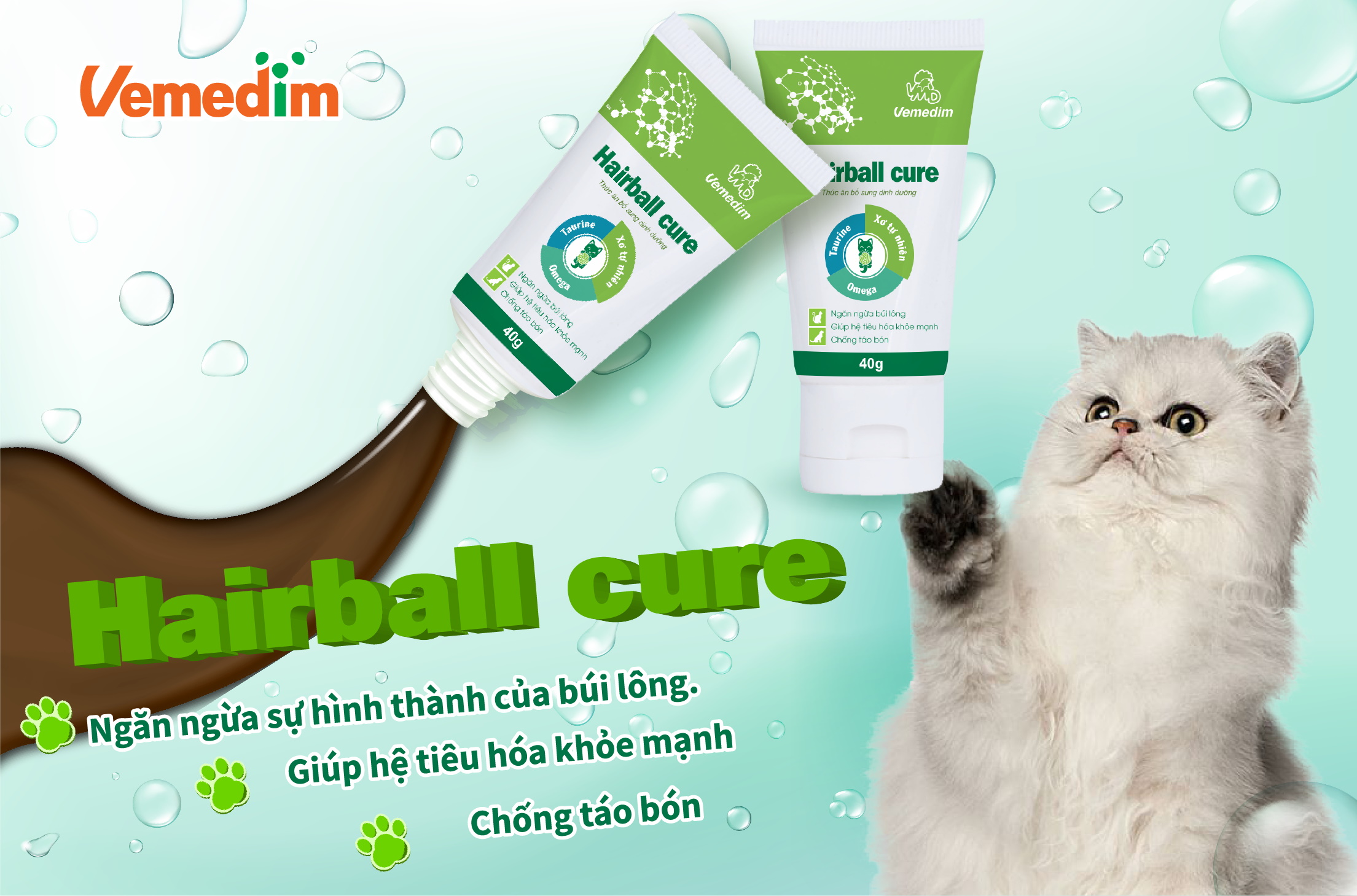 Tuýp bổ sung dinh dưỡng cho Chó Mèo Vemedim Hairball cure Tuýp 40g Giúp ngăn ngừa búi lông Chống táo bón, Lông bóng mượt