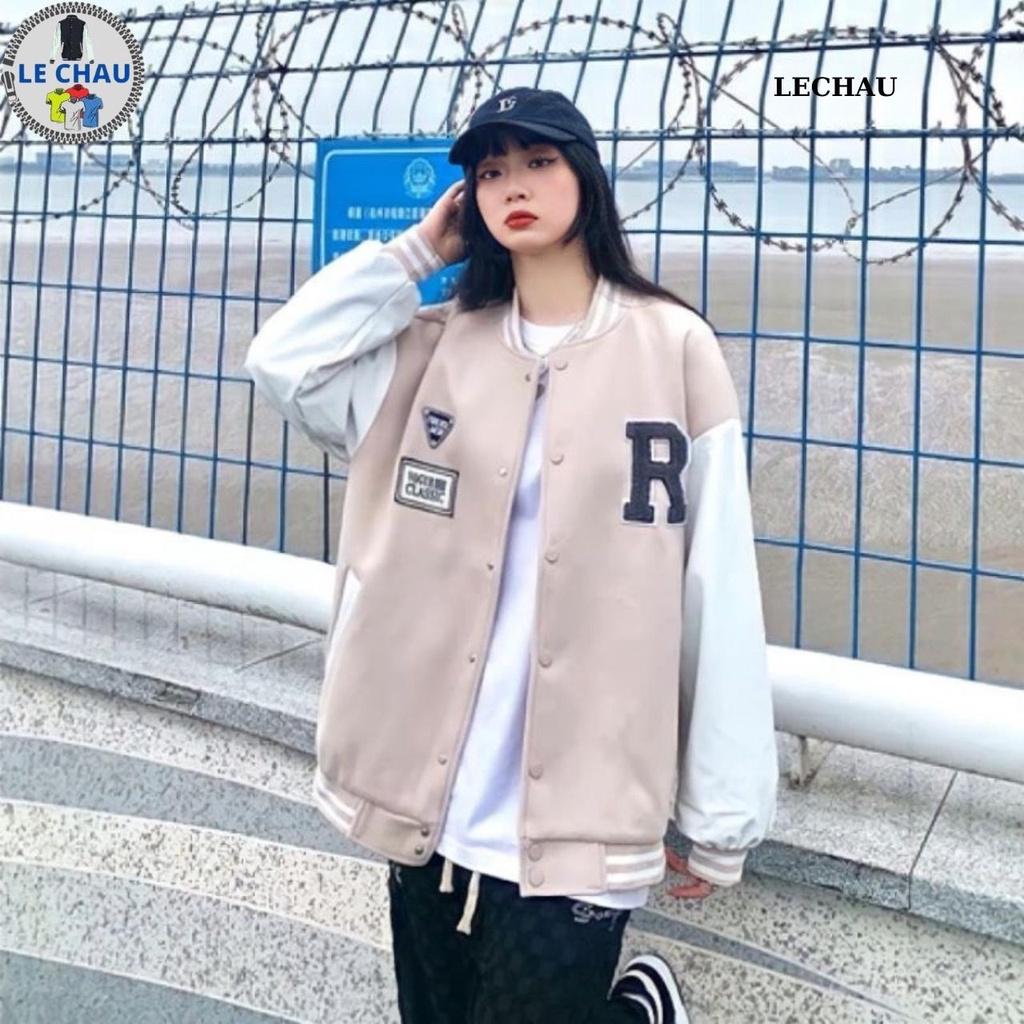 Áo khoác bomber nam nữ ulzzang hottrend logo R Varsity jacket da lộn cao cấp unisex form rộng streetstyle đẹp xịn - F426 Đen &lt; 70kg