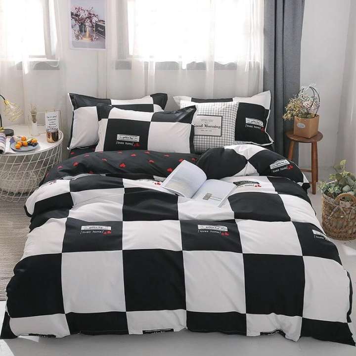 Bộ Chăn Ra Gối Cotton Poly Mẫu Kẻ Ô Vuông Đen Trắng