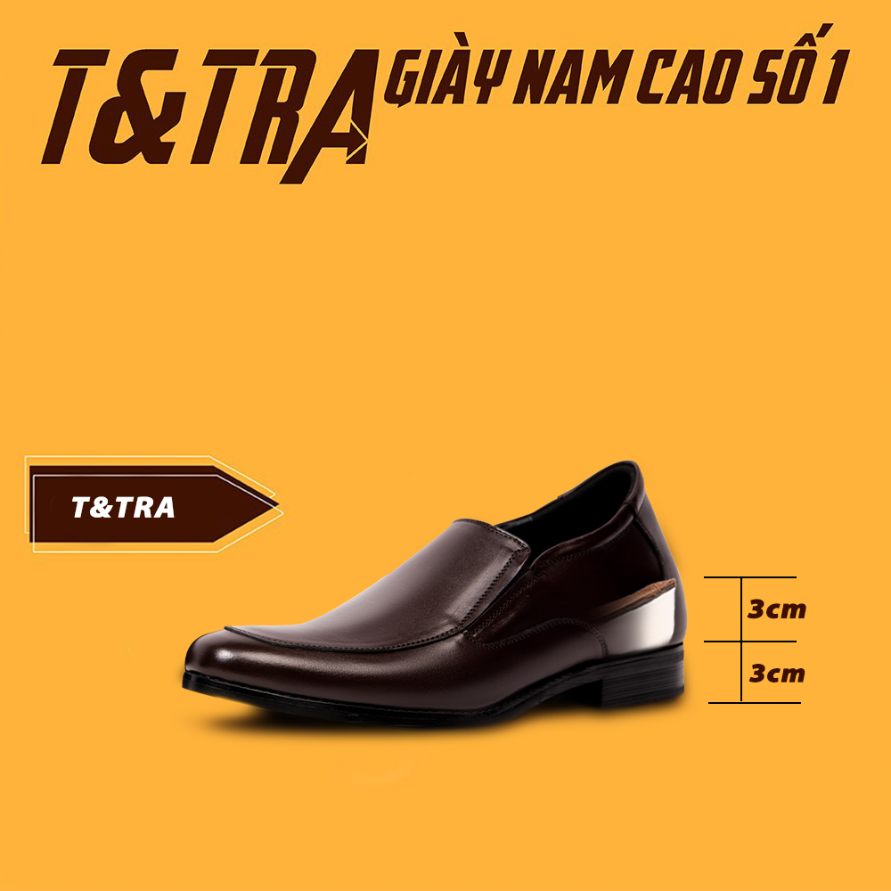 Giày Tăng Chiều Cao Nam T&TRA Tăng Cao 6Cm- S1013 Nâu Tối- Chất Liệu Da Bò Cao Cấp, Đế Cao Su Ghép- Đế Pháp, Phần Tăng Cao Ẩn Bên Trong