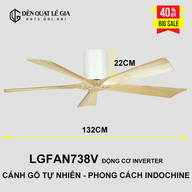 Quạt Trần Gỗ Phong Cách Đông Dương LÊ GIA LGFAN738V - Chiều Cao 22cm - Sải Cánh 132cm - Bảo Hành 5 Năm