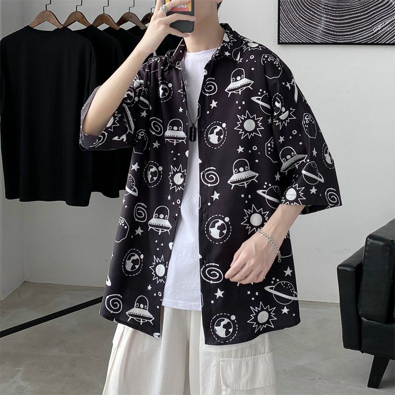 Áo sơ mi nam ngắn tay form rộng họa tiết vũ trụ mới 2 màu đen trắng chất voan lụa mềm mát mẻ