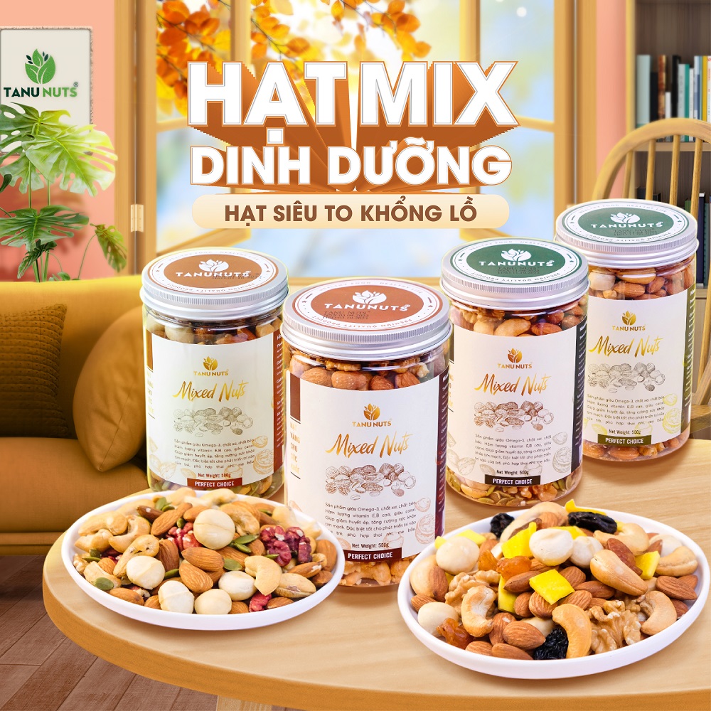 Hạt dinh dưỡng mix 4 TANU NUTS hũ 350gr/500gr, ngũ cốc granola mix hạt dinh dưỡng cho bà bầu.