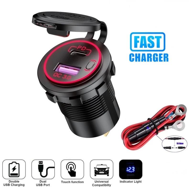 PD loại C/QC 3.0 Bộ sạc xe hơi USB với công tắc ổ cắm điện