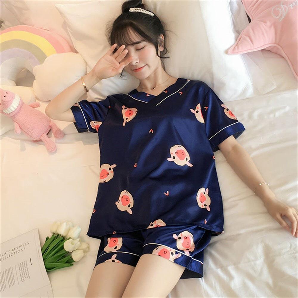 Bộ ngủ pijama cộc tay cổ V họa tiết dễ thương - bộ mặc nhà nữ