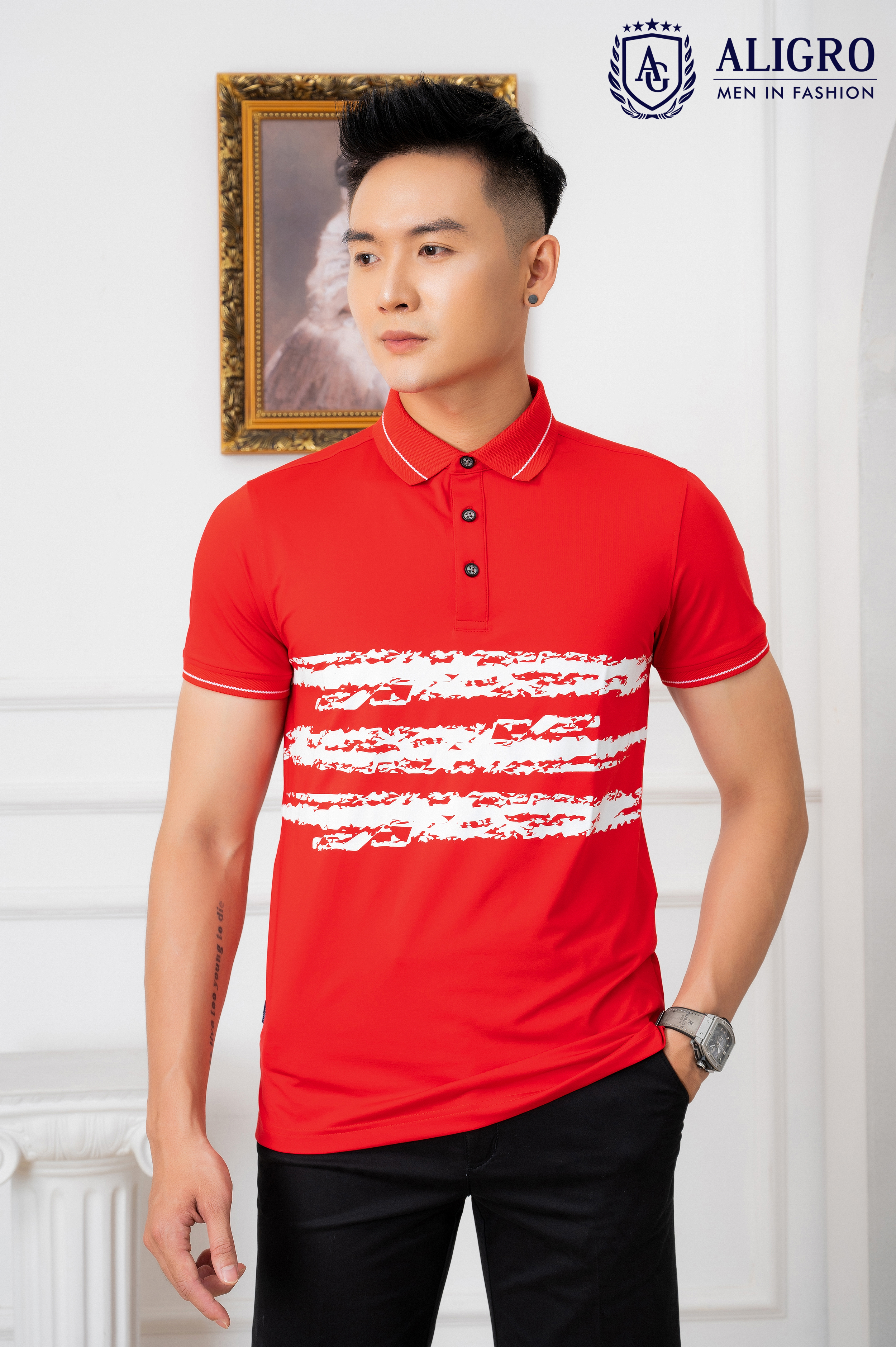 Áo Polo đỏ phối kẻ ngang Aligro ALGPLO71