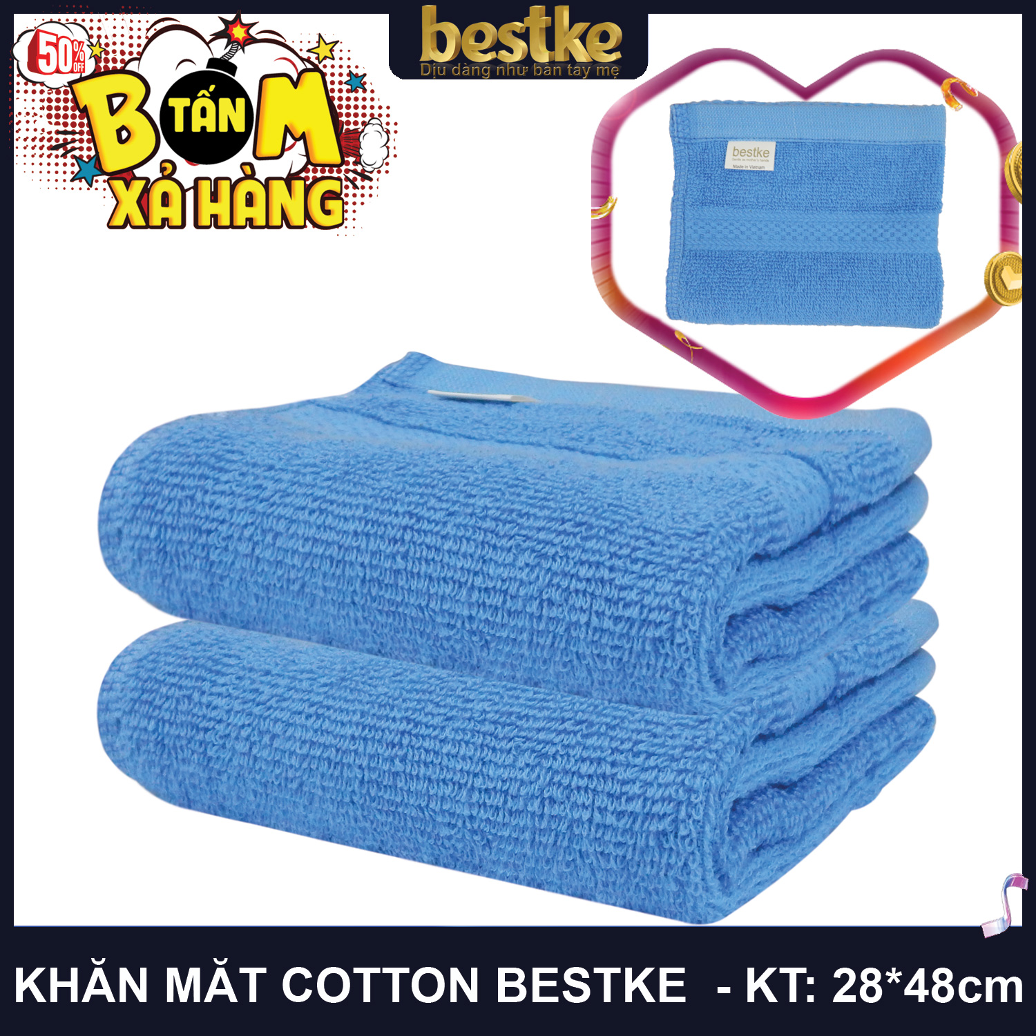 Bestke Khăn Mặt 100% Cotton, Mềm Mại và Siêu Thấm Hút Nước , COMBO 2 cái KT 28cm*48cm/cái, Màu Blue, towel factory